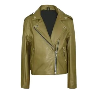 Chaqueta de moto para mujer de piel de oveja verde oliva