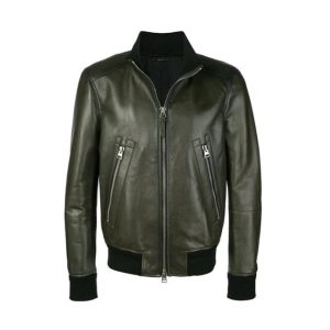 Chaqueta de aviador sencilla de cuero genuino verde