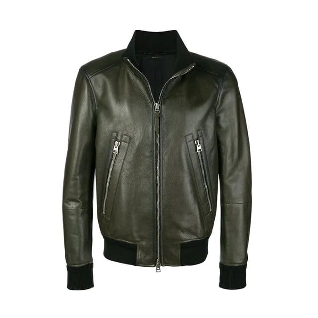 Chaqueta de aviador sencilla de cuero genuino verde - Imagen 2