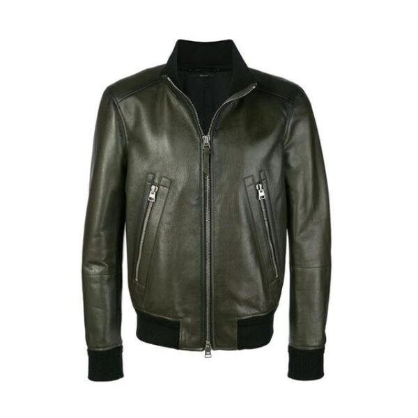 Chaqueta de aviador sencilla de cuero genuino verde - Imagen 3
