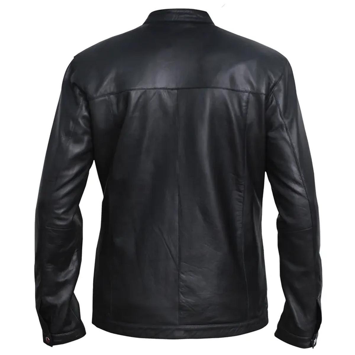 Chaqueta de motorista negra de cuero auténtico para hombre, corte ajustado. - Imagen 5