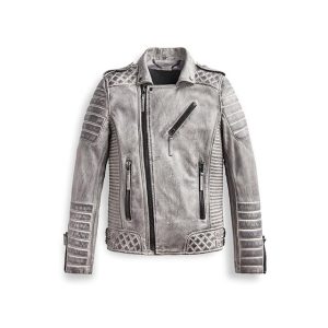 Chaqueta de hombre de diseño en piel auténtica, gris ahumado con efecto envejecido.