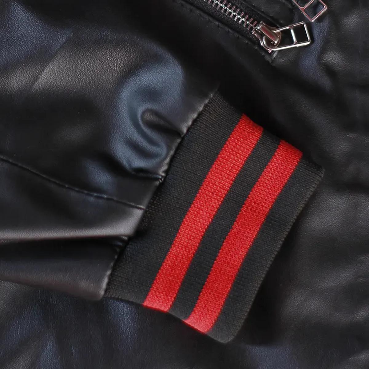 Chaqueta de moto para hombre de piel de oveja negra y roja - Imagen 6