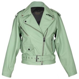Chaqueta motera Stella para mujer, confeccionada en piel de oveja con cinturón.