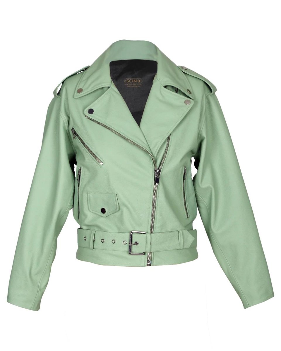 Chaqueta motera Stella para mujer, confeccionada en piel de oveja con cinturón.