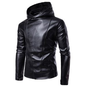 Chaqueta de cuero auténtico para hombre con capucha inclinada