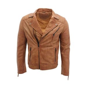 Chaqueta de motorista para hombre de piel de oveja auténtica marrón, estilo corredor.