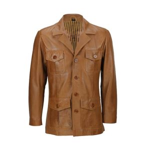 Blazer de piel auténtica marrón claro de estilo militar vintage.