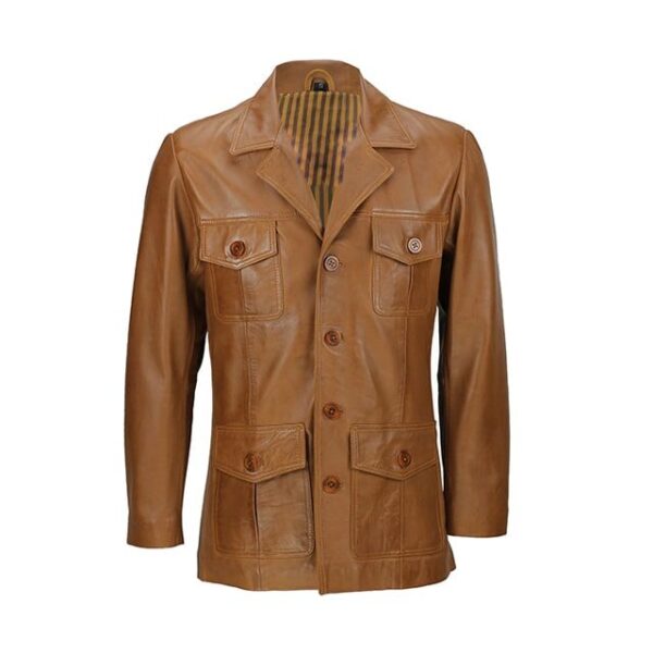 Blazer de piel auténtica marrón claro de estilo militar vintage. - Imagen 3