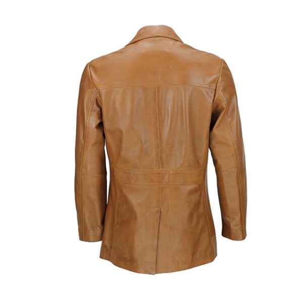 Blazer de piel auténtica marrón claro de estilo militar vintage. - Imagen 4