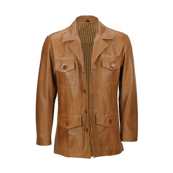 Blazer de piel auténtica marrón claro de estilo militar vintage. - Imagen 5