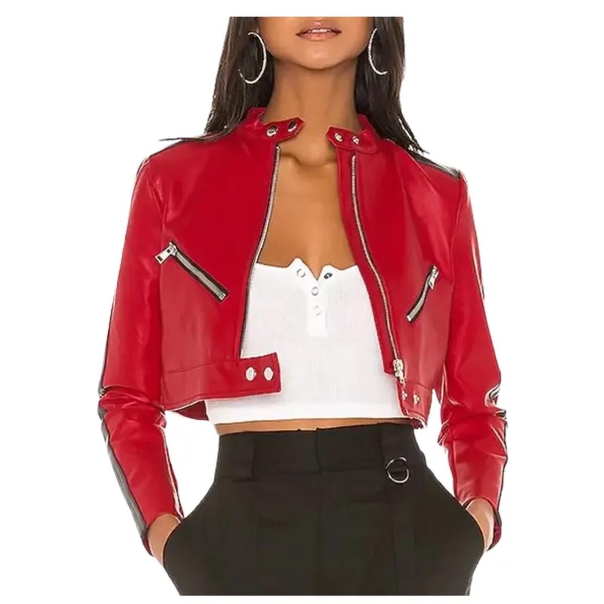 Chaqueta corta de piel de oveja roja para mujer - Imagen 3