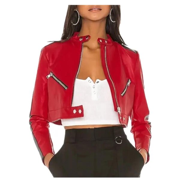 Chaqueta corta de piel de oveja roja para mujer - Imagen 2