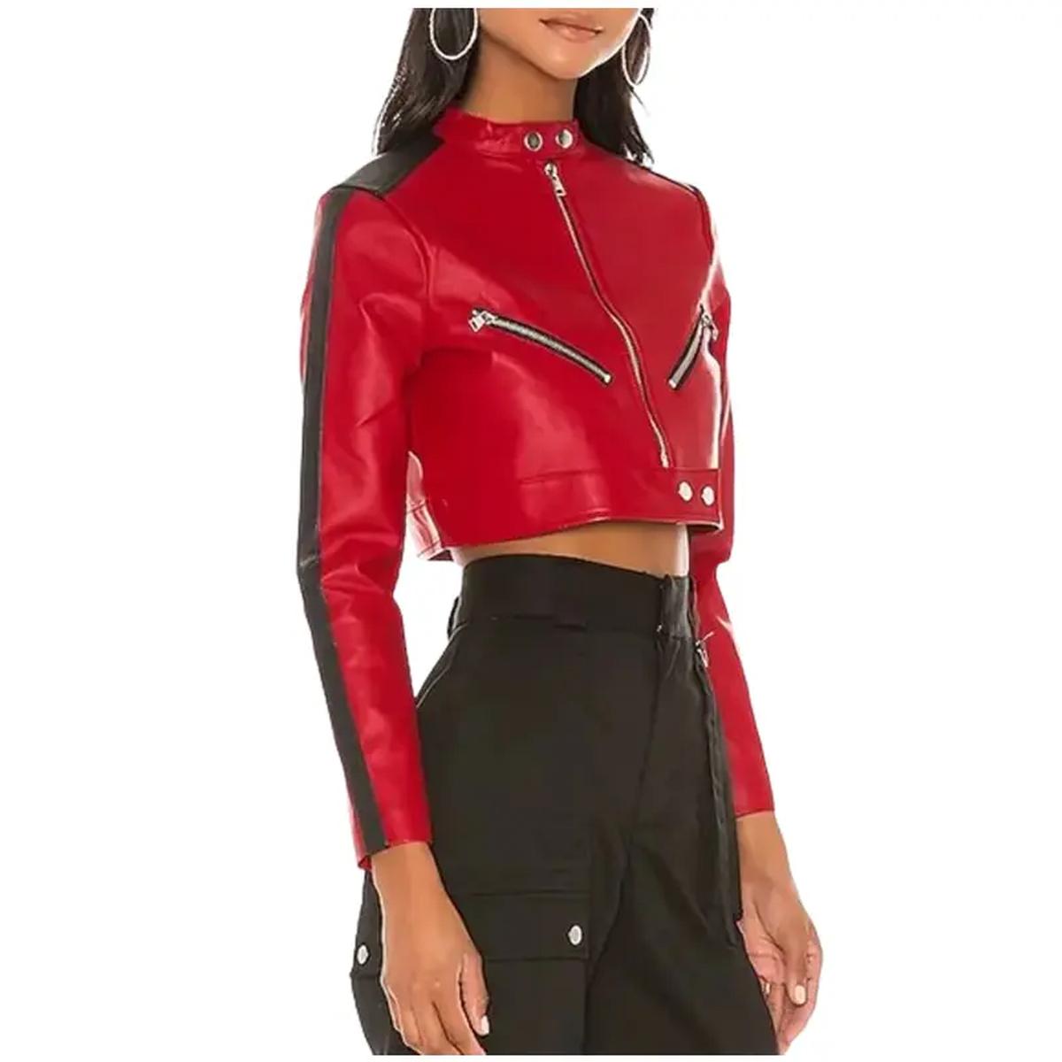 Chaqueta corta de piel de oveja roja para mujer - Imagen 4