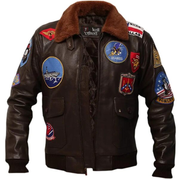 Chaqueta de piloto de combate de piel de oveja marrón para hombre - Imagen 2