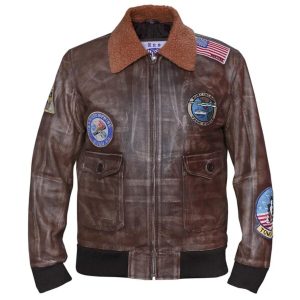 Chaqueta de piloto de combate de cuero genuino marrón para hombre