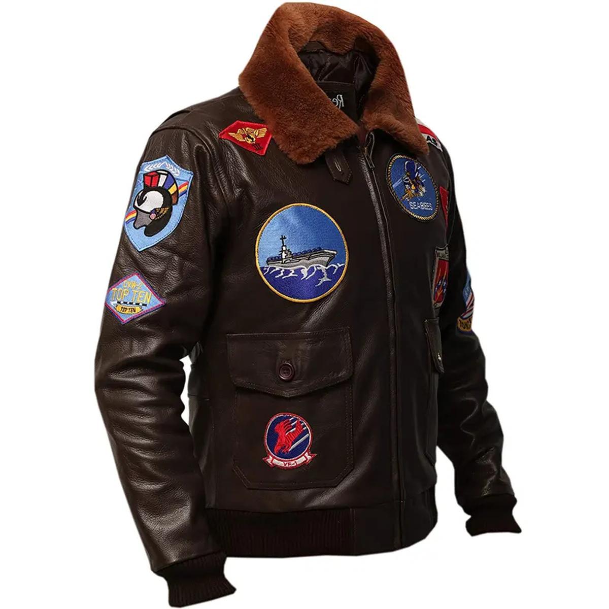 Chaqueta de piloto de combate de piel de oveja marrón para hombre - Imagen 6