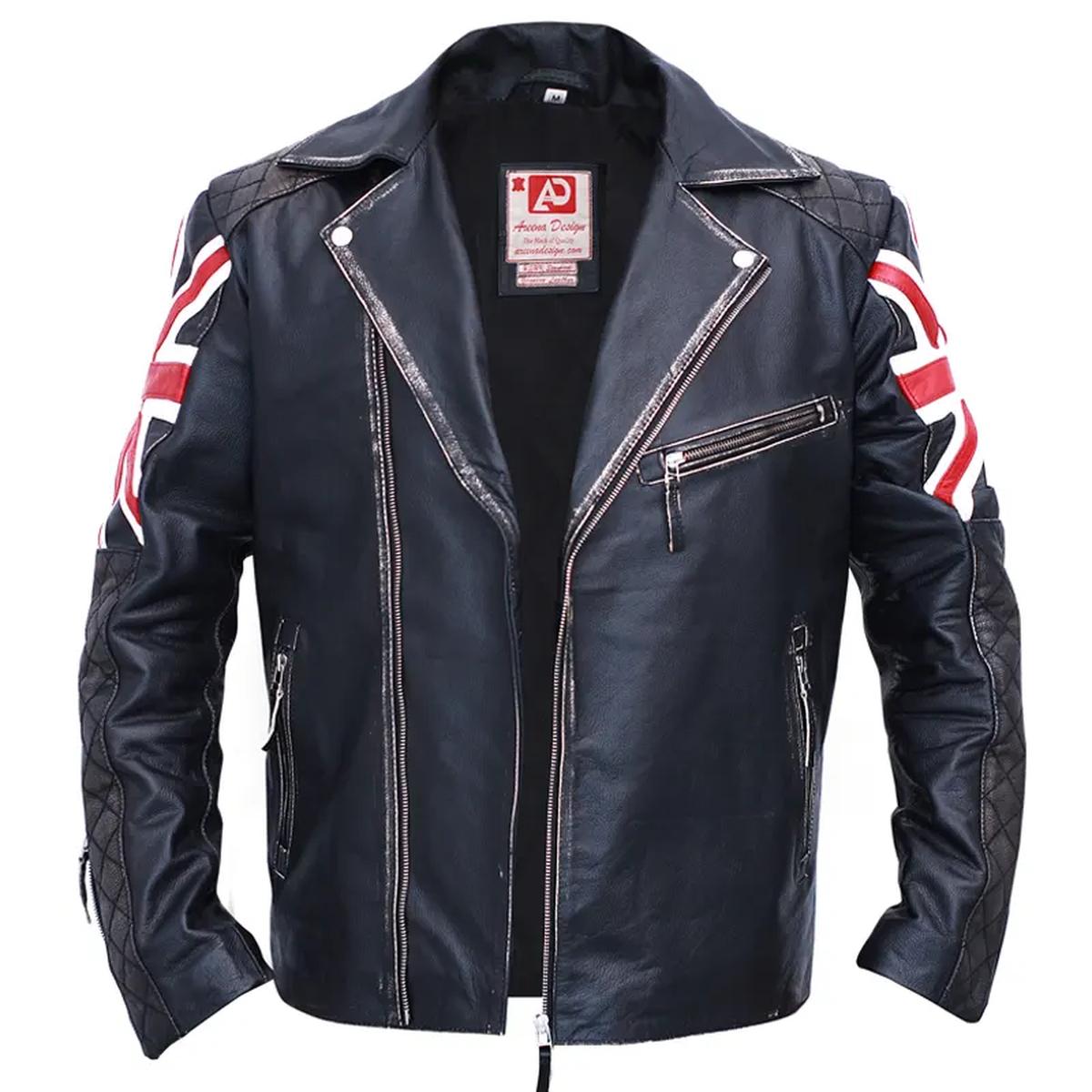Chaqueta de motorista vintage de cuero genuino negro para hombre con bandera británica - Imagen 5
