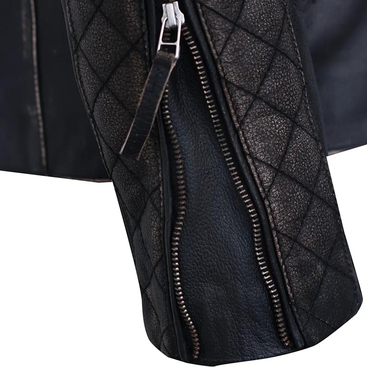 Chaqueta de motorista vintage de cuero genuino negro para hombre con bandera británica - Imagen 6