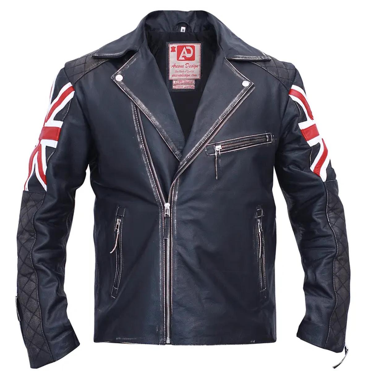 Chaqueta de motorista vintage de cuero genuino negro para hombre con bandera británica - Imagen 7