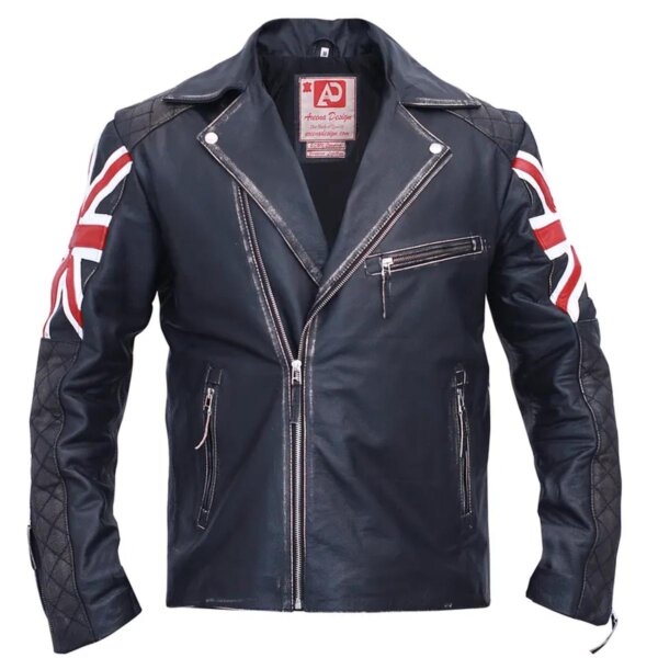 Chaqueta de motorista vintage de cuero genuino negro para hombre con bandera británica