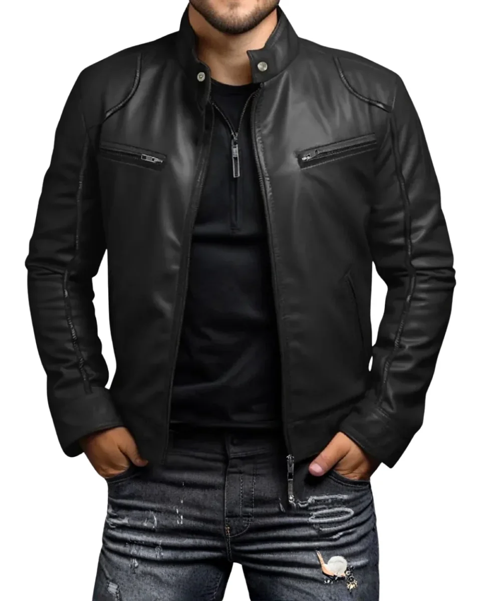 Elegante chaqueta motera de piel para hombre