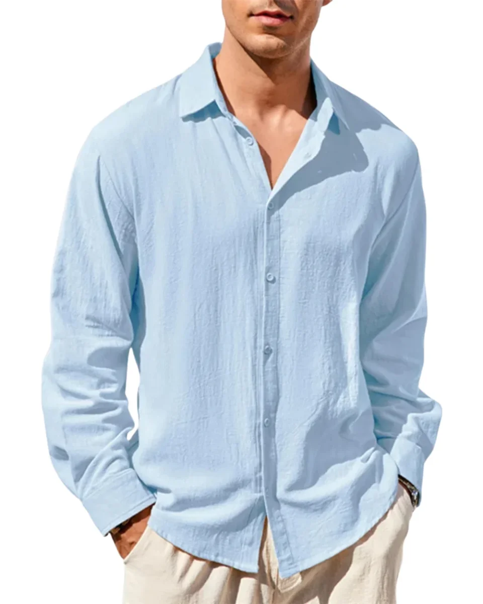 Camisa informal de algodón y lino para hombre - Imagen 2