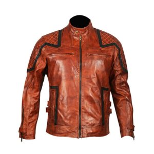 Chaqueta de motorista vintage de cuero genuino marrón para hombre