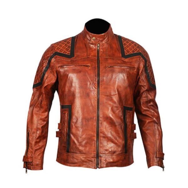 Chaqueta de motorista vintage de cuero genuino marrón para hombre - Imagen 4