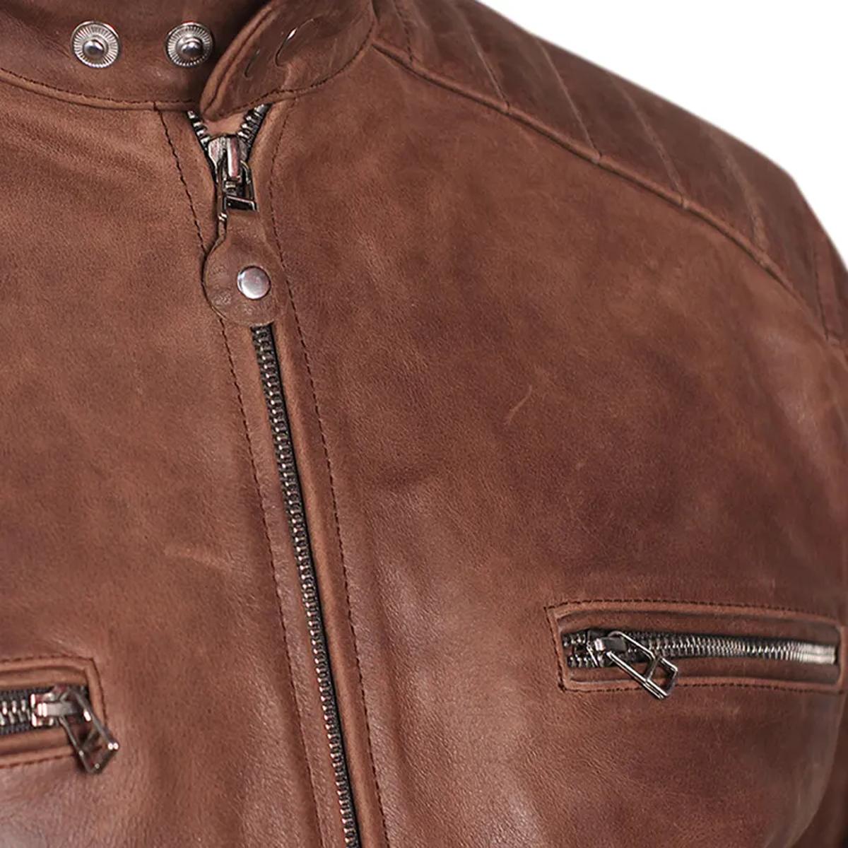 Chaqueta motera clásica de piel de oveja para hombre, color marrón. - Imagen 9