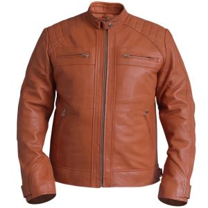 Chaqueta de motorista vintage de cuero genuino marrón con estampado de rombos.
