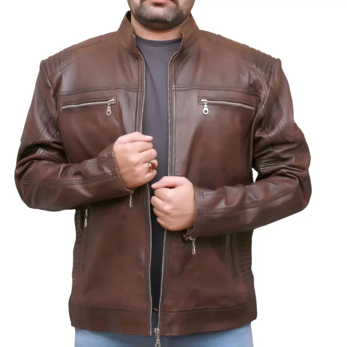 Chaqueta de cuero auténtico de estilo vintage urbano, estilo motero retro. - Imagen 9