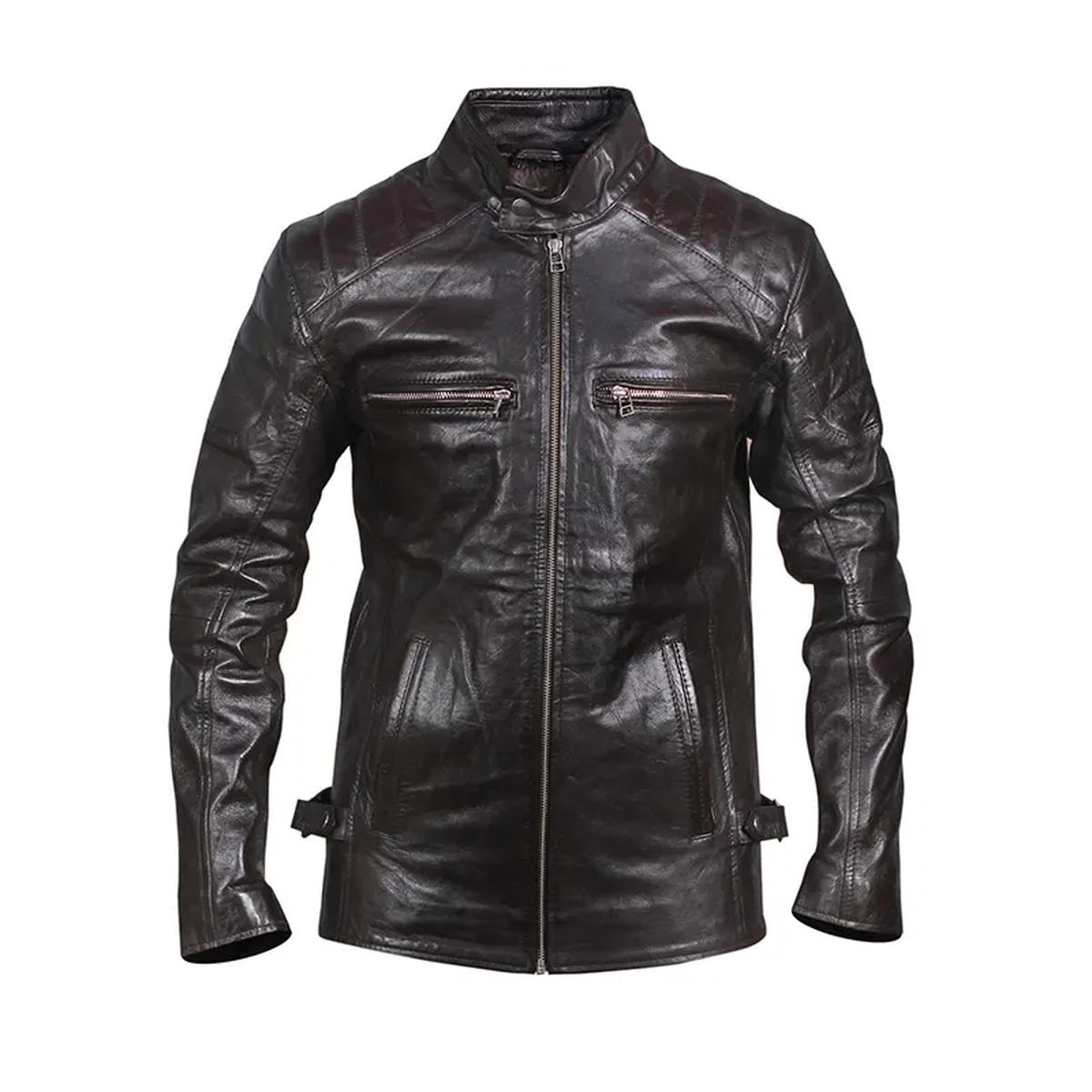 Chaqueta de motorista vintage acolchada de cuero genuino negra - Imagen 4