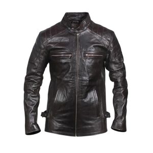 Chaqueta de motorista vintage acolchada de cuero genuino negra