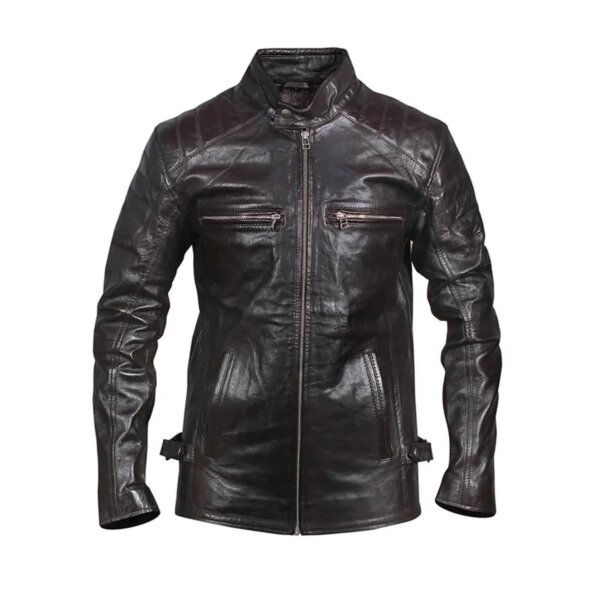 Chaqueta de motorista vintage acolchada de cuero genuino negra - Imagen 2
