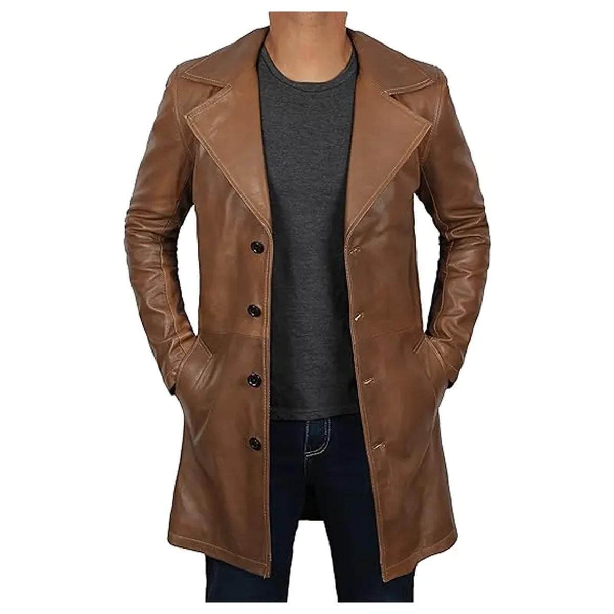 Gabardina vintage de cuero auténtico con solapas anchas. - Imagen 6
