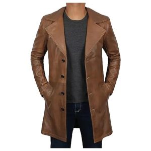 Gabardina vintage de cuero auténtico con solapas anchas.