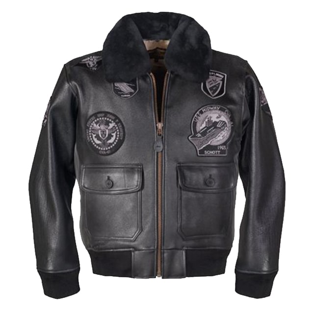 Chaqueta bomber de cuero auténtico adornada con alas azul marino.