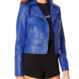 Chaqueta de motociclista de cuero auténtico azul para mujer