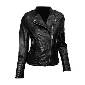 Elegante chaqueta de mujer de piel de cordero auténtica negra.