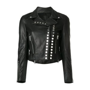 Elegante chaqueta negra de piel auténtica para mujer.