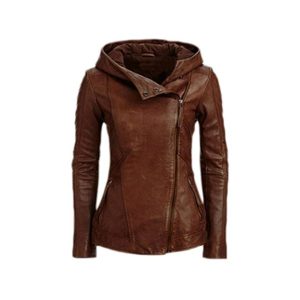 Chaqueta con capucha de cuero genuino marrón para mujer