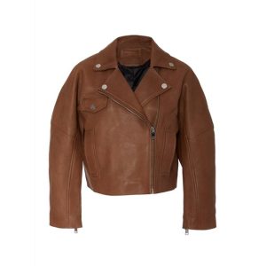 Chaqueta de mujer de cuero genuino encerado marrón