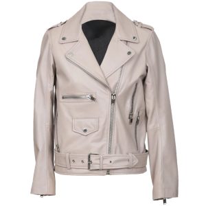 Chaqueta motera de piel de oveja blanca para mujer Nora con cinturón.