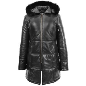 BUNERI Abrigo Puffer de Cuero Negro para Mujer Longitud 3/4