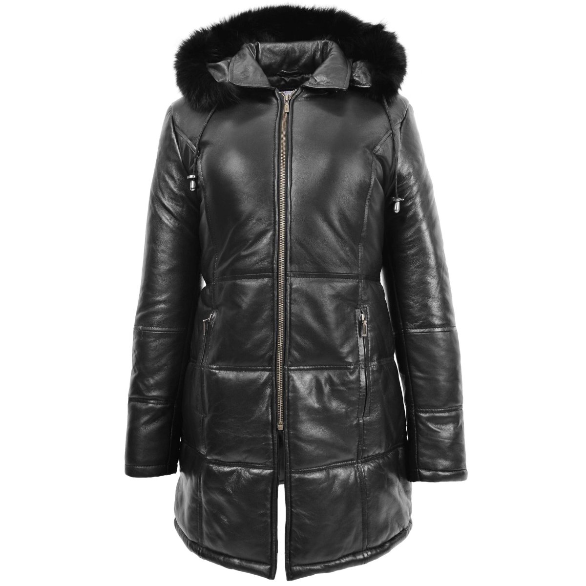 BUNERI Abrigo Puffer de Cuero Negro para Mujer Longitud 3/4 - Imagen 2