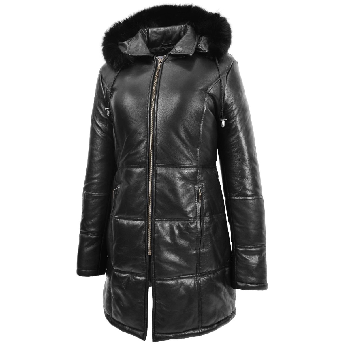 BUNERI Abrigo Puffer de Cuero Negro para Mujer Longitud 3/4 - Imagen 5