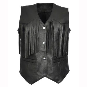 BUNERI Chaleco Biker de Cuero de Vaca Raven Negro con Flecos
