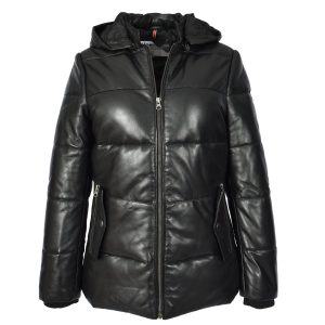 BUNERI Chaqueta Acolchada de Cuero para Mujer Negra con Capucha Desmontable