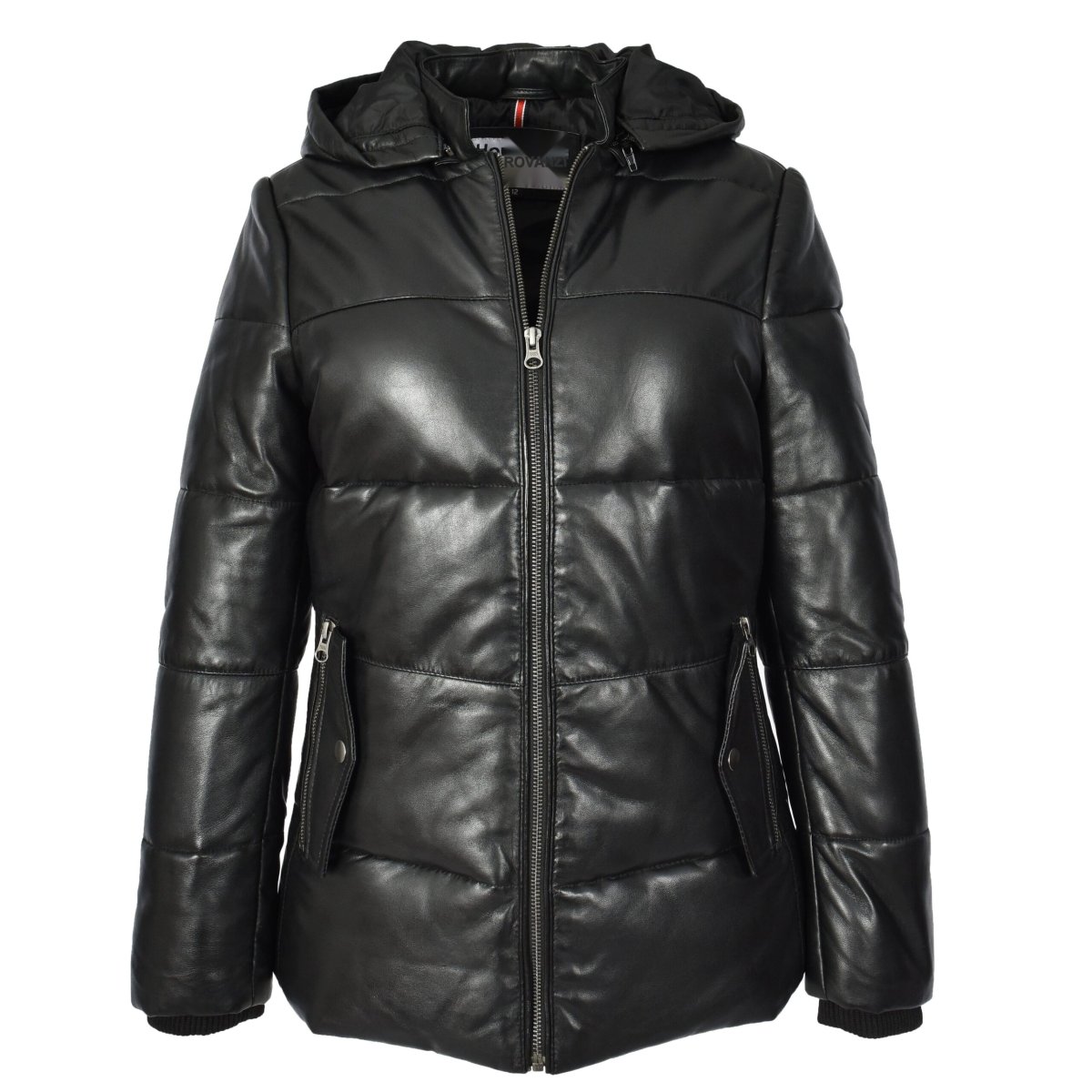 BUNERI Chaqueta Acolchada de Cuero para Mujer Negra con Capucha Desmontable